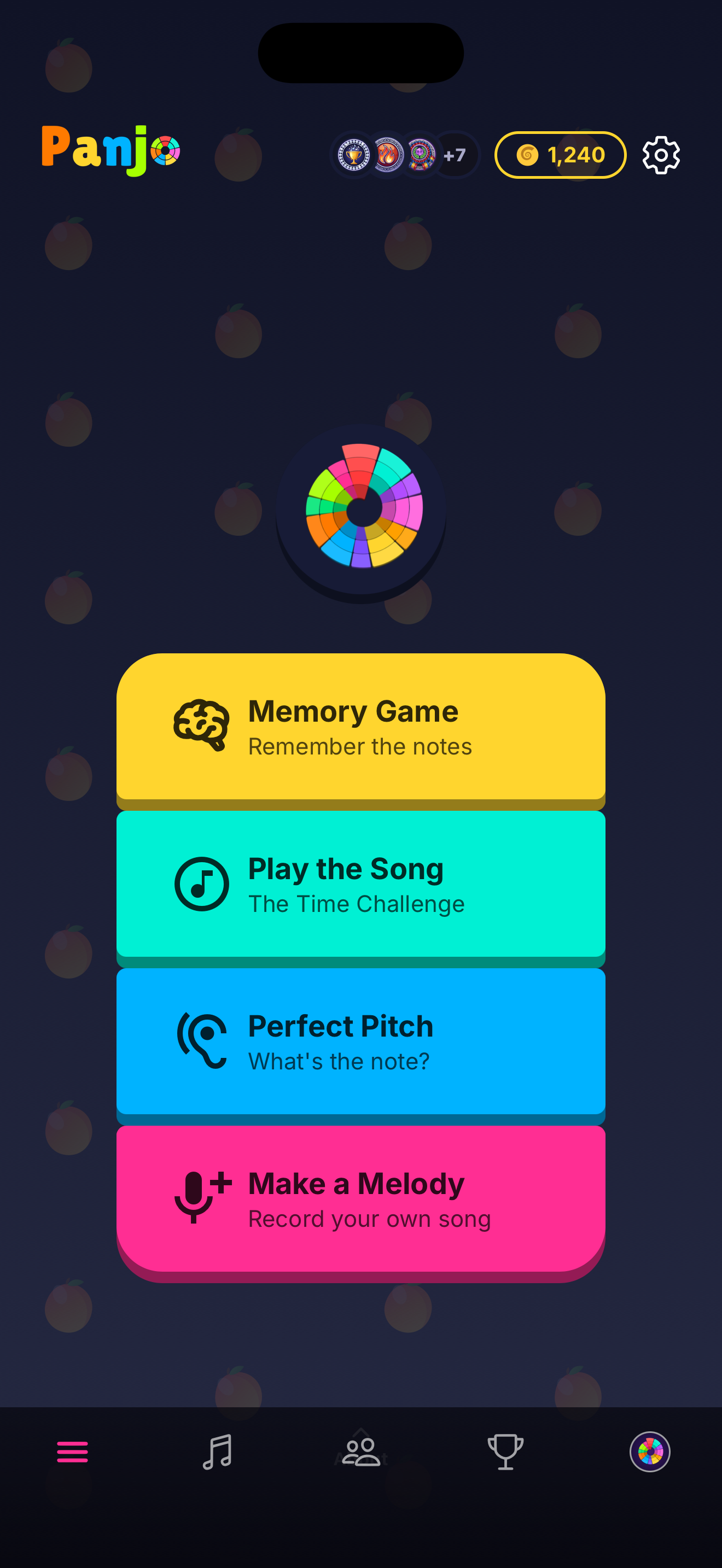 Panjo home screen with four game modes