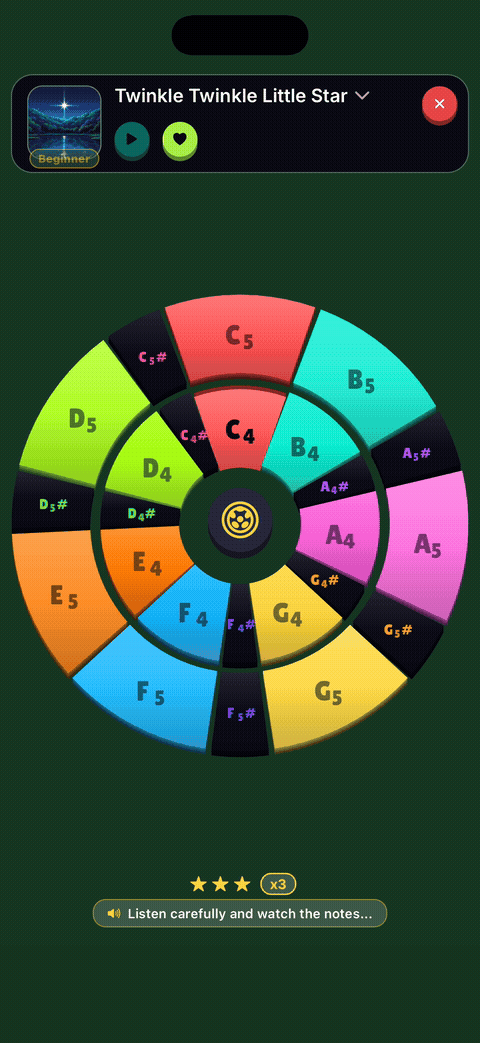 Twinkle Twinkle Little Star being played on the two-octave circular pan: each note lights up as it is struck, then a coin bonus pops